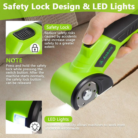 Cordless Electric Scissors With 2000mAh Rechargeable Battery And LED Light showing safety lock feature and LED lights for visibility.