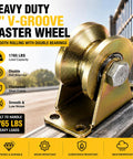 Heavy Duty 4 Inch V Groove Caster Wheel Set For Square Metal Tracks with double bearings for smooth rolling and 1765 lb capacity.