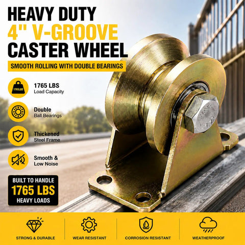 Heavy Duty 4 Inch V Groove Caster Wheel Set For Square Metal Tracks with double bearings for smooth rolling and 1765 lb capacity.