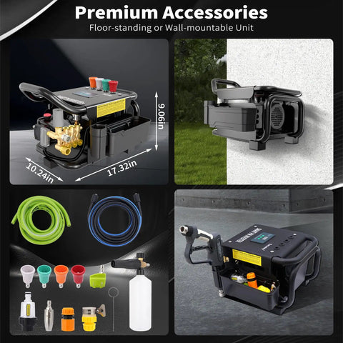 Beefed Up Electric Pressure Washer 100 Bar 2.3 GPM With PM Inverter 3HP Motor, 7 Nozzle Accessories and Mountable Design