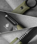 Close-up of Cabox Fixed Blade Knife 3.35 Inch D2 Steel Blade with Micarta handle details and sheath, rugged outdoor knife for use.