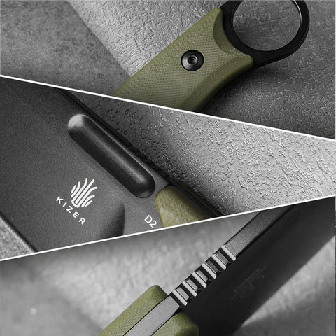 Close-up of Cabox Fixed Blade Knife 3.35 Inch D2 Steel Blade with Micarta handle details and sheath, rugged outdoor knife for use.