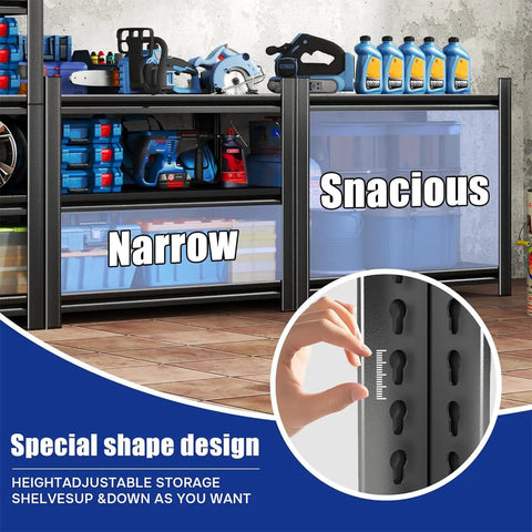 Heavy Duty Garage Shelving System 63 Inch Tall Adjustable Steel Standing Shelves with tools and storage items
