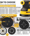 Diagram showing compatibility of 4 Pack 5 Inch Hook And Loop Orbital Sander Pad With 8 Dust Holes And 3 Screw Holes Center 1 Inch for DeWalt models.