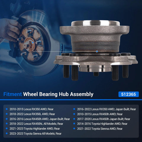 Side view of rear wheel hub and bearing assembly 512365 for Toyota Highlander 2014-2020 Sienna 2021-2023 Lexus RX350 AWD 5-lug with ABS