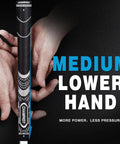 Hands gripping a soft rubber golf grip showing medium lower hand size with black and white design detail.