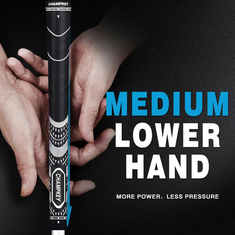 Hands gripping a soft rubber golf grip showing medium lower hand size with black and white design detail.