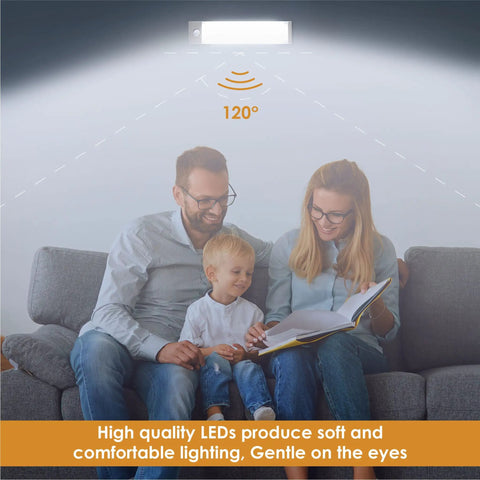 Family reading under 58 LED Motion Sensor Light Indoor Wireless USB Rechargeable Closet Cabinet Light, wide angle illumination