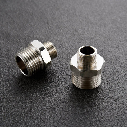 Brass RV Faucet Reducer Adapter One Half To Three Eighths Compression Fitting For RV Kitchen Plumbing And Water Hose Connections With Rubber Washer Pack Of 2 Easy-Install Dope Brass Fittings on dark surface
