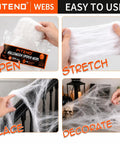 1200 Square Foot White Stretchable Halloween Spider Webs With Forty Fake Spiders For Haunted House Yard Porch Indoors And Parties That Serve Kickass Spooky Vibes in use, showing opening, stretching, placing, and decorating steps.
