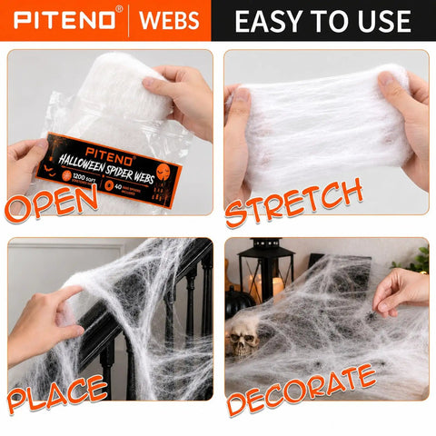 1200 Square Foot White Stretchable Halloween Spider Webs With Forty Fake Spiders For Haunted House Yard Porch Indoors And Parties That Serve Kickass Spooky Vibes in use, showing opening, stretching, placing, and decorating steps.