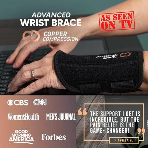 Wrist Brace With Copper Infusion For Pain Relief And Support In Carpal Tunnel Arthritis Tendonitis RSI And Sports Injuries Adjustable Orthopedic Wrist Splint For Men And Women Right Or Left All Day Comfort on hand typing on laptop