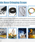 Wide Hose Crimping Scope showing various hoses for oil, water, and air applications, highlighting versatility and materials.