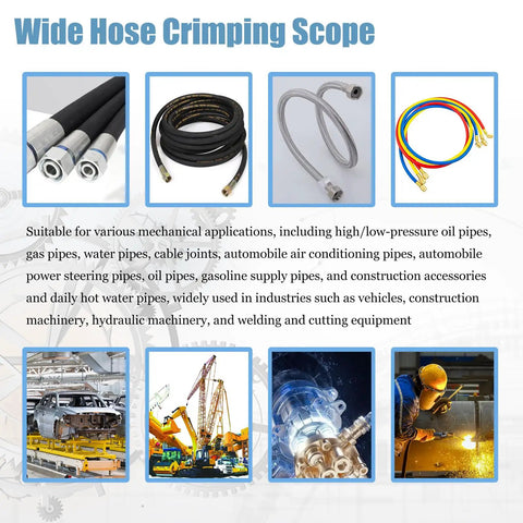 Wide Hose Crimping Scope showing various hoses for oil, water, and air applications, highlighting versatility and materials.