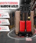 Heavy Duty Semi Electric Pallet Stacker With 3500 Lbs Lift Capacity And Walkie Forklift Design For Smooth Warehouse Moves and precise turning in narrow aisles.