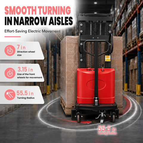Heavy Duty Semi Electric Pallet Stacker With 3500 Lbs Lift Capacity And Walkie Forklift Design For Smooth Warehouse Moves and precise turning in narrow aisles.