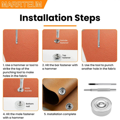 Installation steps for 120 Piece Leather Snap Fasteners Kit With 3 Setter Tools 15mm Stainless Steel Snaps for Leather