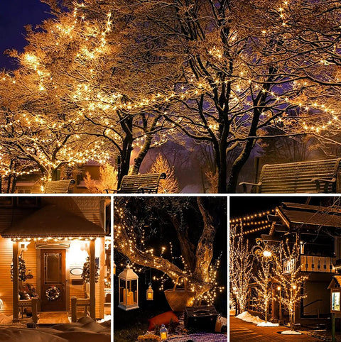 Four Pack Solar Fairy Lights Outdoor 33 Ft 100 LED Copper Wire String Lights Waterproof With 8 Modes illuminating trees at night