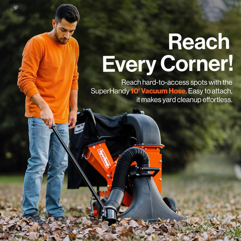 Man using Awesome Walk Behind Gas Leaf Vacuum Mulcher Chipper with Seven HP 209 CC Engine on a leafy yard
