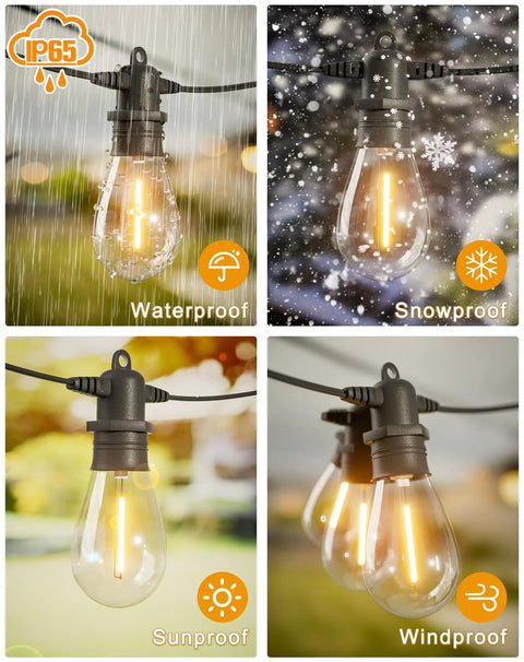 95Ft LED Outdoor String Lights With 30 Edison Shatterproof Bulbs IP65 Waterproof Dimmable 2700K shown in rain, snow, sun, and wind