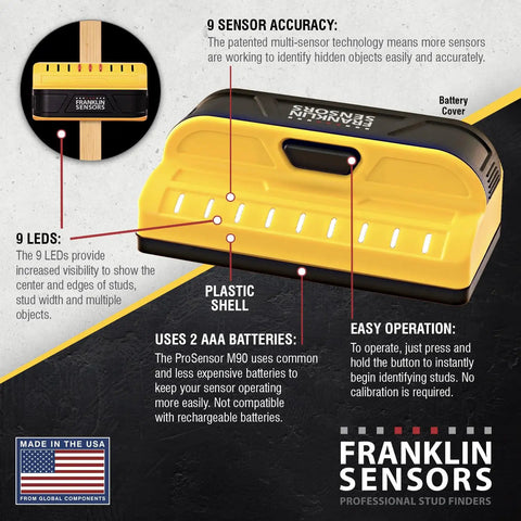Nine Sensor Stud Finder And Wall Scanner With Deep Scan For Wood And Metal, Pro Sensor M90 showing 9 LEDs and battery cover