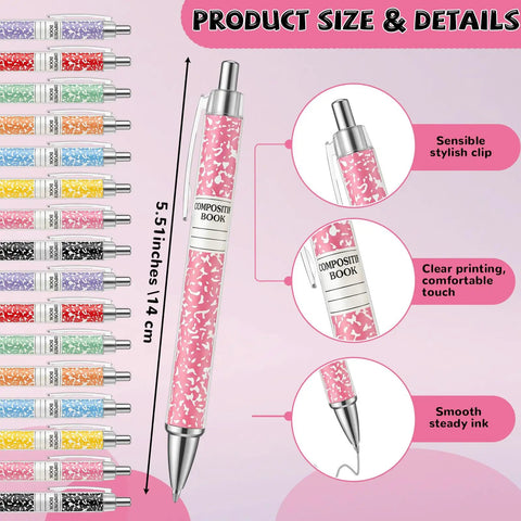 Back To School Must Have 16 Piece Composition Notebook Set With Sticky Notes And Ballpoint Pens, colorful pen details