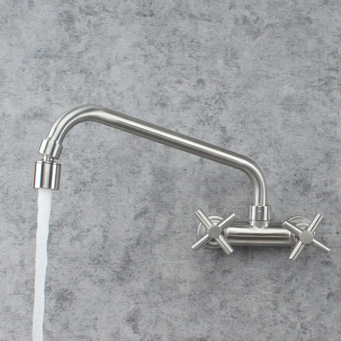 Wall Mount Commercial Kitchen Faucet 4 Inch Center, Stainless Steel Brushed Nickel, Two-Handle Utility Sink Bar Faucet With 11 Inch Spout And Aerator, SUS304 High Quality Finish against grey wall.