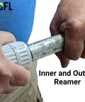 TOFL stainless steel pipe reamer tool in-use on metal pipe removes burs