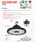 Front view of UFO LED High Bay Light Fixture 150W, 23,000 Lumens, 4000K/5000K Selectable Color Temperature, IP65 Waterproof, Dimmable