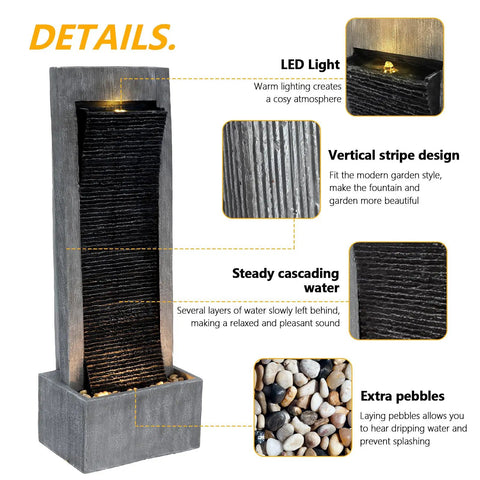 7-Tier Rock Water Fountain With Lights For Outdoor Garden Decor, Cascading Waterfall detail showing LED light and pebbles