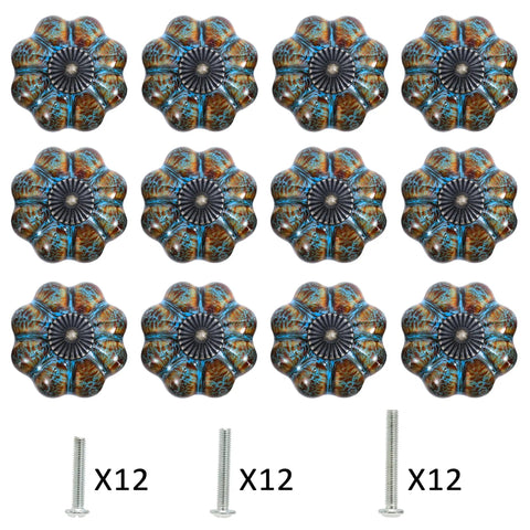 Durable Blue Pumpkin Cabinet Knobs 12 Pack Glazed Ceramic Vintage Door Pulls, featuring twelve decorative handles with screws.