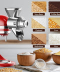 Metal grain mill attachment installed on red KitchenAid stand mixer