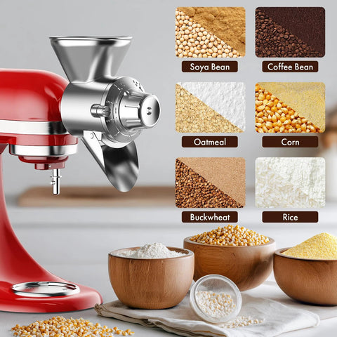 Metal grain mill attachment installed on red KitchenAid stand mixer