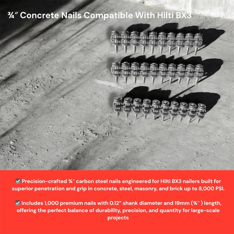 Three Quarters Inch Concrete Nails For BX3 Nailers, Carbon Steel, Flat Head fasteners displayed in rows on concrete surface.