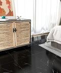 Bedroom with Black Marble Peel And Stick Floor Tiles 12 X 12 Inches Self Adhesive Vinyl Flooring Waterproof Durable For Kitchen Bathroom Basement Super Easy No Fuss Install 16 Pack Covers 15.5 Sq Ft, elegant and modern setting.