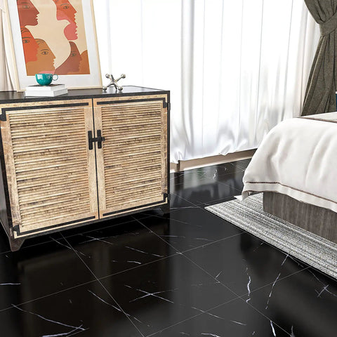 Bedroom with Black Marble Peel And Stick Floor Tiles 12 X 12 Inches Self Adhesive Vinyl Flooring Waterproof Durable For Kitchen Bathroom Basement Super Easy No Fuss Install 16 Pack Covers 15.5 Sq Ft, elegant and modern setting.