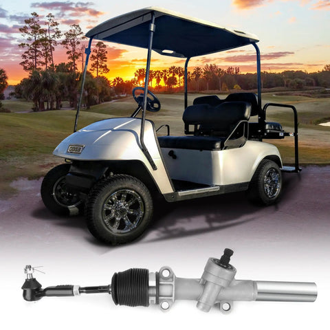 Golf Cart Steering Gear Box Assembly For EZGO TXT 2001 Up Gas And Electric Models shown with golf cart at sunset background