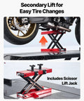 VEVOR Motorcycle Lift Table, 1500 Lb Electric Hydraulic Scissor Jack With Wheel Chock, adjustable secondary lift for tire changes.