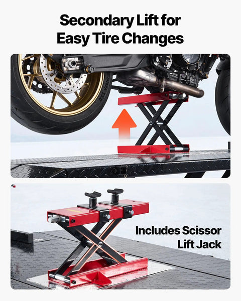 VEVOR Motorcycle Lift Table, 1500 Lb Electric Hydraulic Scissor Jack With Wheel Chock, adjustable secondary lift for tire changes.