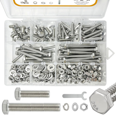 240 Piece Nuts And Bolts Kit With 1/4-20 Hex Bolts And Nuts, Lock Washers, Flat Washers, And Wrench Set, stainless steel