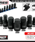 Nine Piece Metric Impact Hex Driver Set With Chrome Moly Steel And Manganese Phosphate Coating Includes One Quarter Inch Drive Sockets In 6mm 7mm 8mm 10mm And Three Eighth Inch Drive Sockets In 12mm 14mm 17mm 18mm 19mm Low Profile Design With Storage shown front view
