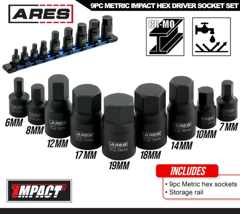 Nine Piece Metric Impact Hex Driver Set With Chrome Moly Steel And Manganese Phosphate Coating Includes One Quarter Inch Drive Sockets In 6mm 7mm 8mm 10mm And Three Eighth Inch Drive Sockets In 12mm 14mm 17mm 18mm 19mm Low Profile Design With Storage shown front view