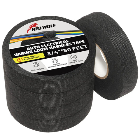 High Temp Wiring Harness Tape For Auto Interiors And Engine Bays Self Adhesive Fabric Cable Loom Wrap Built To Cut Noise And Protect Dash Harnesses Durable Three Quarter Inch By Fifty Feet Five Roll Pack, showing five rolls of black tape.