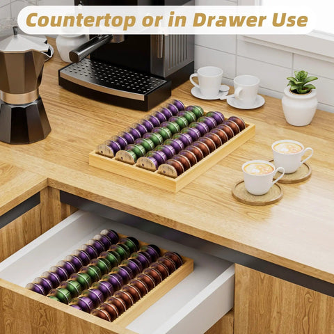 Bamboo Coffee Pod Drawer Organizer For Nespresso Vertuo Vertuoline Pods on countertop and in drawer, bamboo material