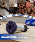 Drill Powered Wheel Hub Cleaning Tool With 3 Cleaning Pads for rust removal, shown with rusty tools and parts in a workshop setting.