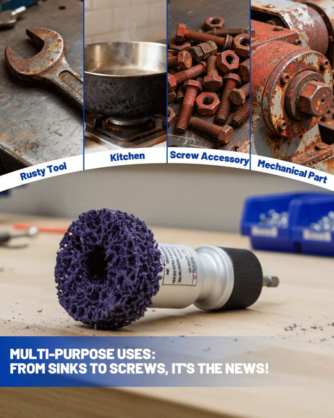 Drill Powered Wheel Hub Cleaning Tool With 3 Cleaning Pads for rust removal, shown with rusty tools and parts in a workshop setting.