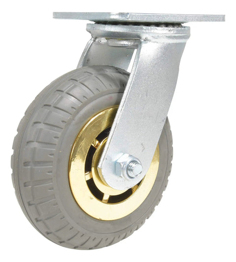 Heavy Duty Flat Free Swivel Caster Six Inch Diameter Two Inches Wide Solid Rubber Tread rated 617 pounds with zinc plated base.