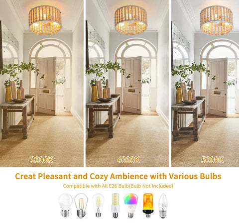 Wood Bead Chandelier Rustic Farmhouse Semi Flush Mount 3 Light Ceiling Fixture showing different bulb color temperatures.