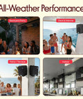 Dual Waterproof Outdoor Speaker System with 6.5 Inch Weatherproof Wall or Ceiling Mount Speakers in various settings