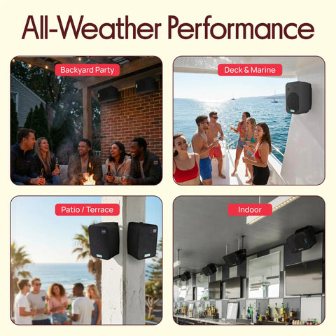 Dual Waterproof Outdoor Speaker System with 6.5 Inch Weatherproof Wall or Ceiling Mount Speakers in various settings